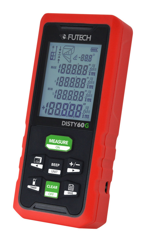 מד טווח לייזר נטען קרן ירוקה עד 60 מטר עם מסך LCD ומד שיפוע - FUTECH DISTY 60G