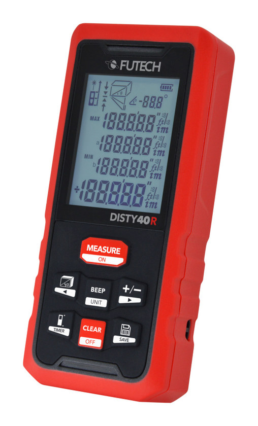 מד טווח לייזר מקצועי 40 מטר עם מסך LCD ומחוון שיפוע - FUTECH DISTY 40R